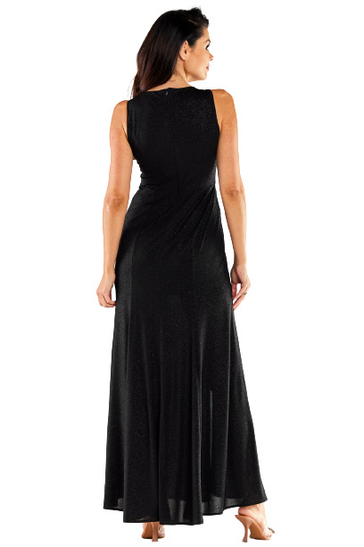 Sukienka maxi elegancka brokatowa z rozcięciami bez rękawów czarna